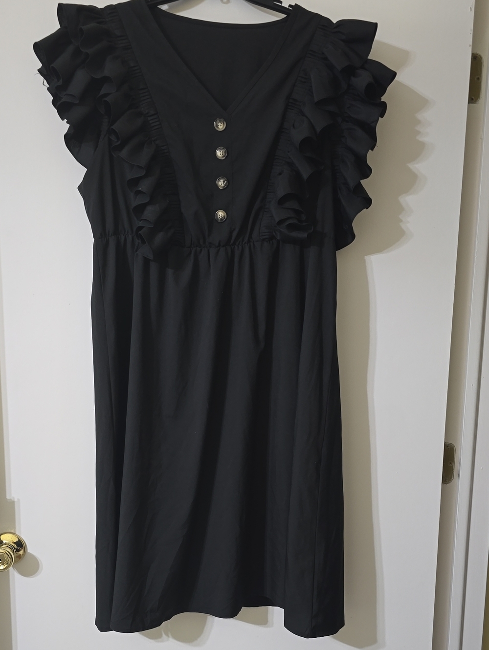 SHEIN Black Ruffle V-Neck Button-Front Dress